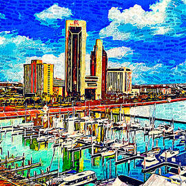 Corpus Christi downtown with One Shoreline Plaza seen from the marina - impressionist painting by Nicko Prints