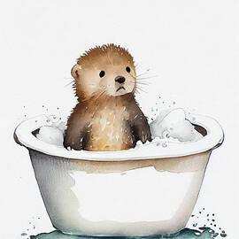 Cute Baby Otter In Bathub Watercolor Minimalist by Jeff Creation