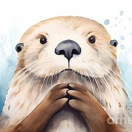 cute fluffy little sea otter enhydra lutris character looking at camera astonished facial expression symbol of playfulness and family handdrawn water color graphic illustration cutout element  by N Akkash