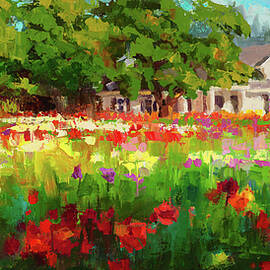 Dahlia Evening - landscape oil painting of Swan Island Dahlia farm in Oregon by Talya Johnson