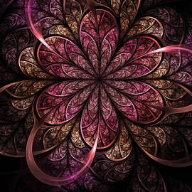 Dark pink and gold fractal flower, digital artwork by Julien