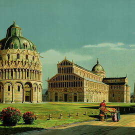 Decorative chromolithographic view of the central part of Pisa, including the Leaning Tower and othe by MotionAge Designs