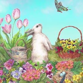 Delightful Bunny and Butterfly in Spring Garden by Judith Cheng