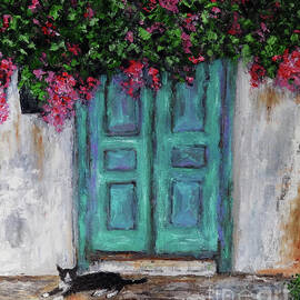 Door with Bougainvillea and a Cat Oil Painting by Indrani Ghosh