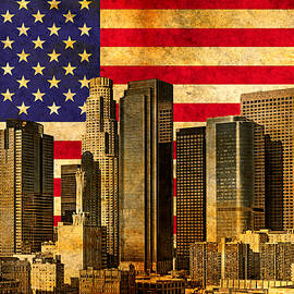 Downtown Los Angeles skyline blended with the American flag and printed on old paper texture by Watch And Relax