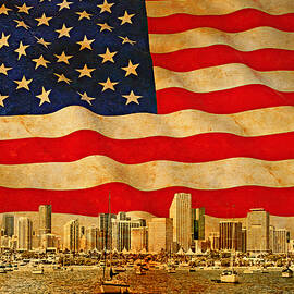 Downtown Miami skyline blended with the US flag waving on old paper texture by Watch And Relax