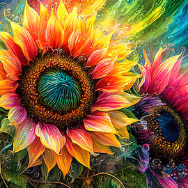 Dramatic Colorful Sunflowers Art Print by Jackie Connelly-Fornuff