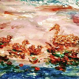 Ducklings with mom on water by Lucia Waterson