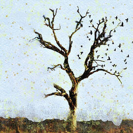 Dust Storm Tree with Flock of Birds Watercolor Landscape  by Shelli Fitzpatrick