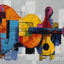 Dynamic Abstract Musical Instruments with Vibrant Colors and Geometric Background - Energetic Rhythm by OlfactoArt Studio