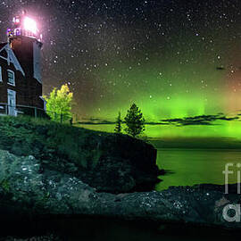 Eagle Harbor Lighthouse with Northern Lights by Todd Bielby