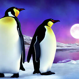 Emperor Penguins - Aurora Borealis and Full Moon by Peggy Collins