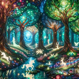 Enchanted Forest Scene, A magical forest with glowing trees and fairytale creatures by Jeff Creation