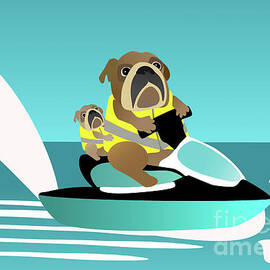 English Bulldog Dad and Cute Pup in Hi-Vis on a Jetski by Barefoot Bodeez Art