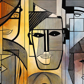 Faces Black Line Art Pencil Drawing, Abstract Human Faces Contour Drawing, Single LineArt Face by MOUNIR KHALFOUF