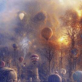 Fantasy Steampunk Vintage Hot Air Balloon Landscape
