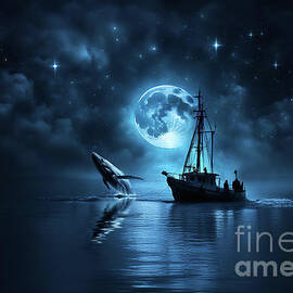 Fishing Boat Fantasy at Night with Whale Breach Surreal Moon and Stars by Stephanie Laird
