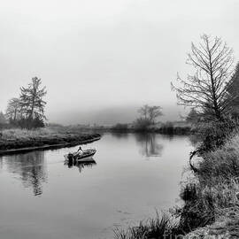Fishing On A Foggy Morning - Black And White by Beautiful Oregon