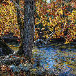 Floating Slowly Past Blue Ridge Mountains Autumn Stream by Debra and Dave Vanderlaan
