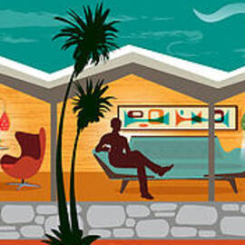 Folded Plate Roof Mid Century Modern House Male Couple Panorama by Diane Dempsey
