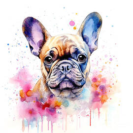 French bulldog digital watercolour with bright paint splashes. Cute dog with big blue eyes. by Jane Rix