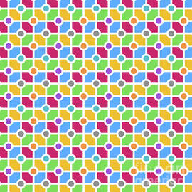 Geometric Heavy Line Grid with Circle Dots Pattern in Crayon Rainbow Colors n.027 by Holy Rock Design