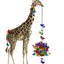 Giraffe with colorful rainbow butterflies