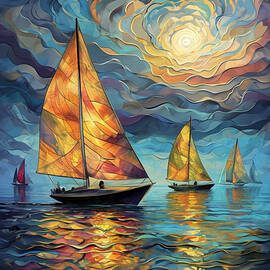 Radiance on the Water, Sailboats at Dusk by MOUNIR KHALFOUF