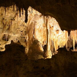 Golden stalactites in the dark cavern by Brigitta Diaz