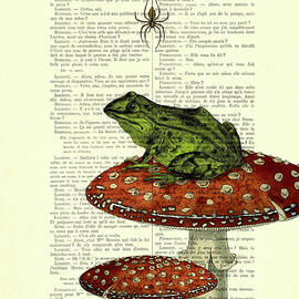 Green frog on toadstool antique french book page art