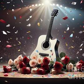 Guitar among flowers and confetti