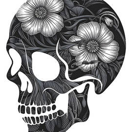 No 01, Black And White Sketch Set, Vintage Halloween Skull Head Floral by MOUNIR KHALFOUF
