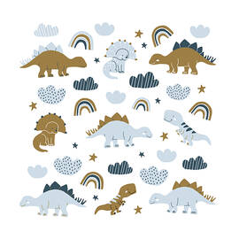 Hand drawn dinosaurs in scandinavian style with stars rainbows clouds seamless pattern by Julien