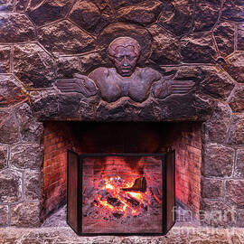 Hawaiian Goddess Pele Carved into Historic Fireplace at Volcano House Hawaii by Phillip Espinasse
