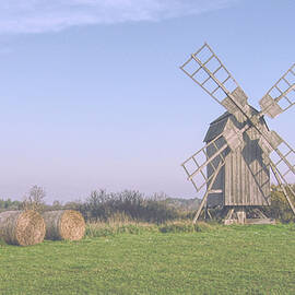 Hay bales and Windmill 2 by Elaine Berger