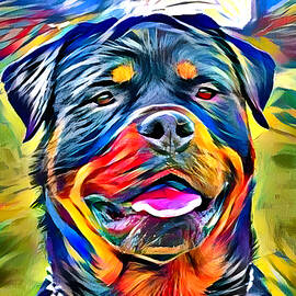 High contrast colorful Rottweiler dog portrait - digital painting by Nicko Prints