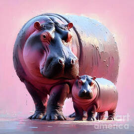 Hippo Momma and baby by Lucia Stewart