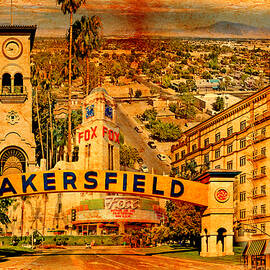 Historical buildings of Bakersfield, California, blended on old paper