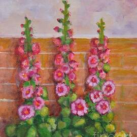 Hollyhocks by the Brick Wall by Laurie Morgan