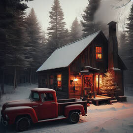 Home for the Holidays A Rustic Cabin Affair with a Touch of Red Truck Romance AI by Jeff Folger