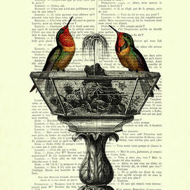Hummingbirds on water fountain book page art