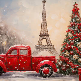 Iconic Red Truck and Eiffel Tower - Red Truck Art by Lourry Legarde