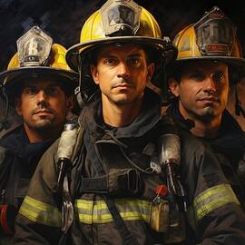 Illustration of a firefighters, american flag behind in the American Classic Style by Oscar Machuca