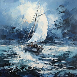 Impressionist Seascape with Sailboat - Lighter Shades Of Blue by Lourry Legarde
