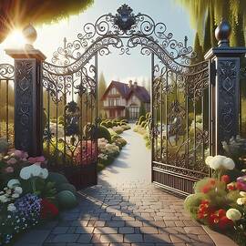 AI - Iron Scrollwork Gate with Flowers by Karen A Wise