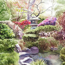 Japanese Garden With Pagoda Pond Pink Blossoms Watercolor