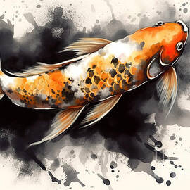 Japanese koi fish painting watercolor orange, black and gold on  by N Akkash