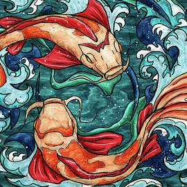 Koi fish couple in waves, two koi fish by Nadia CHEVREL