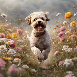 Lagotto Romagnolo playing in a Flowerfield by Johanna's Art Creations