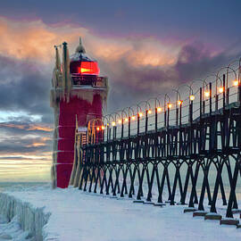 Lighthouse Winter Sunset - SouthHaven Lake Michigan by Heather Kitchen